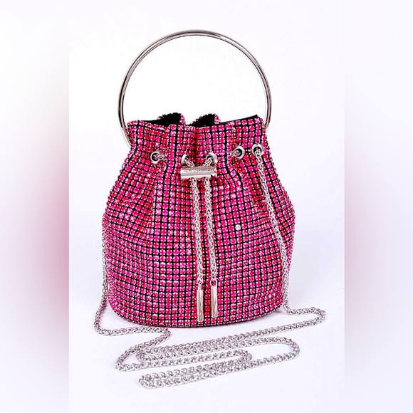 Fuchsia Oversize Rhinestone Swing Handle Iconic Bucket Bag - Picture 1 of 8